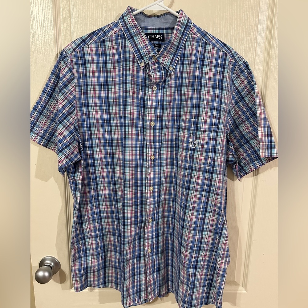 Chaps Men's Multicolor Blue Plaid Button-Down Short Sleeve Shirt
